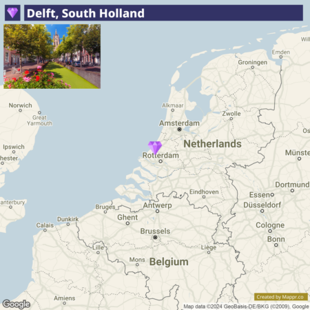 A map highlighting Delft in South Holland, Netherlands, with an inset photo showing a canal and flowers in Delft.