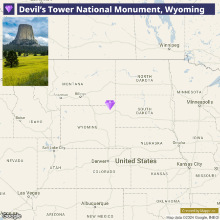 Alt text: A map featuring Devil's Tower National Monument location in Wyoming, with an inset photo showing the iconic butte rising above a grassy field.