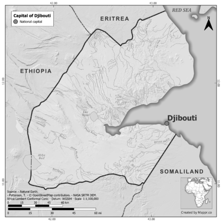 Black and white map of Djibouti highlighting Djibouti as the capital, with neighboring countries.