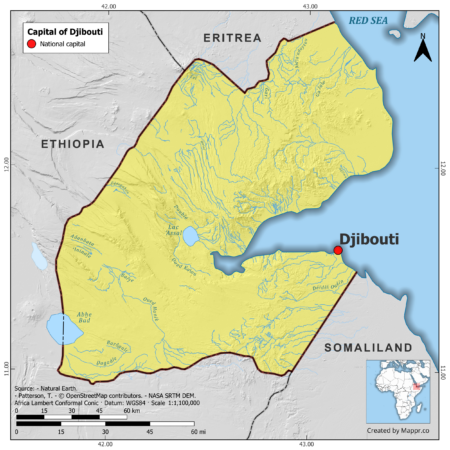 Map highlighting Djibouti, the capital of Djibouti, with surrounding countries and geographical features, in color.