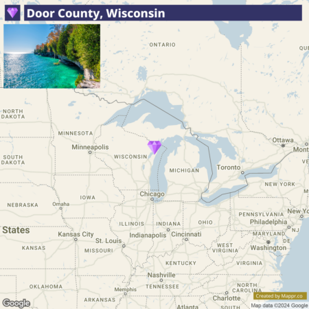 A map highlighting Door County in Wisconsin with a small inset photo showing a coastal scene from the area.