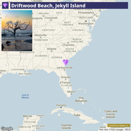 Map highlighting the location of Driftwood Beach on Jekyll Island, off the coast of Georgia, near Jacksonville, Florida. The inset in the upper left corner shows a scenic view of the beach with a driftwood tree against a sunset or sunrise.