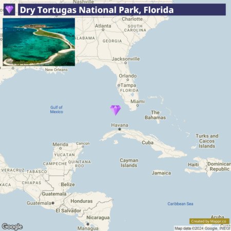 A map highlighting Dry Tortugas National Park, Florida, with a purple diamond indicator south of Florida in the Gulf of Mexico and an inset image of a small island with clear blue waters at the top left.