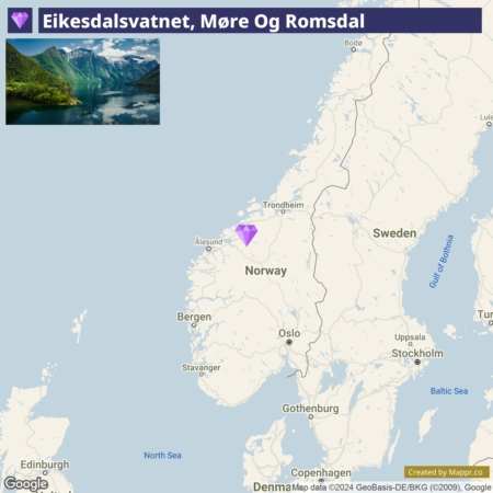 Map showing the location of Eikesdalsvatnet in Møre Og Romsdal, Norway, with a purple diamond marker near Ålesund on the map. The map also shows surrounding Scandinavian cities and bodies of water.