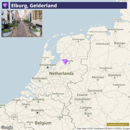 An image split in two sections: the top half shows a charming cobblestone street with planters and greenery in Elburg, Gelderland, and the bottom half is a map highlighting the location of Elburg in the Netherlands, with surrounding countries and cities labeled.