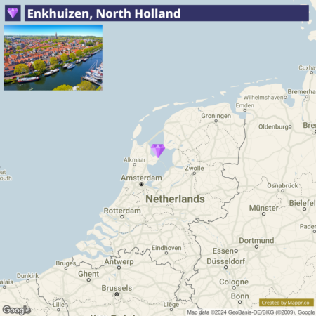 An infographic consisting of an aerial view of Enkhuizen, North Holland, showing waterways and orange-roofed buildings, placed above a map highlighting the location of Enkhuizen in the Netherlands with a purple diamond-shaped marker. There is a map legend indicating Enkhuizen, North Holland, and the map is attributed to Google and Mappr.co.