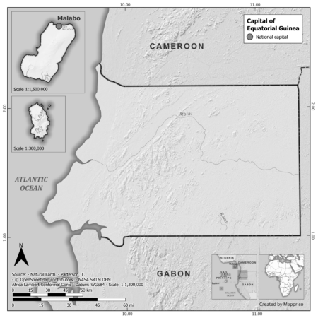 Black and white map of Equatorial Guinea highlighting Malabo as the capital, with neighboring countries.