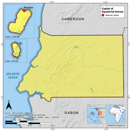 Map highlighting Malabo, the capital of Equatorial Guinea, with surrounding countries and geographical features, in color.