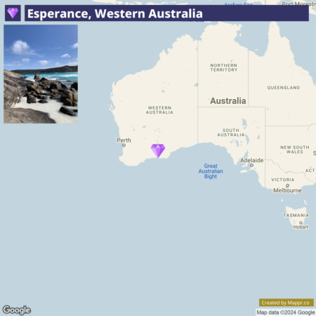 Map of Australia highlighting the location of Esperance in Western Australia with an inset photograph of a rocky coastline and blue ocean.