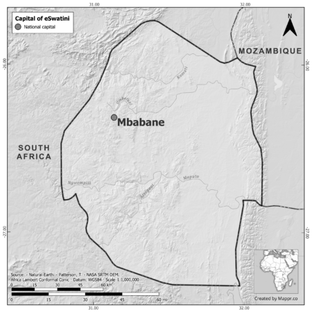 Black and white map of Eswatini highlighting Mbabane, Lobamba as the capital, with neighboring countries.