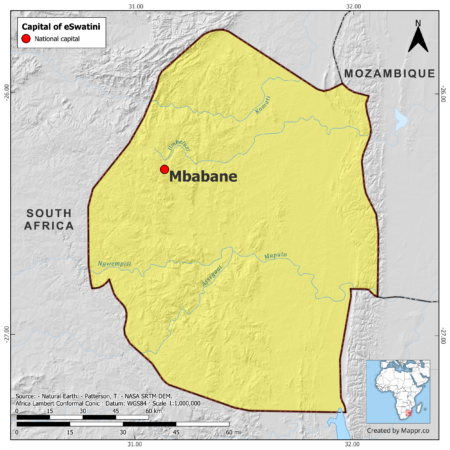 Map highlighting Mbabane, Lobamba, the capital of Eswatini, with surrounding countries and geographical features, in color.