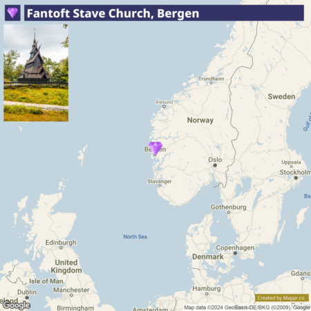 Alt text: Map highlighting the location of Fantoft Stave Church in Bergen, Norway, with an inset photo of the church featuring its distinctive dark wooden architecture surrounded by greenery.