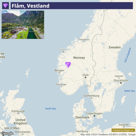 A map highlighting Flåm, Vestland in Norway with an inset photograph showcasing an aerial view of Flåm nestled in a valley with a fjord.