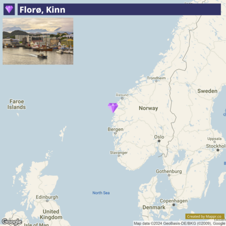 A map highlighting the location of Florø, Kinn in Norway with an inset photograph showing a view of the coastal town and harbor with buildings and boats.