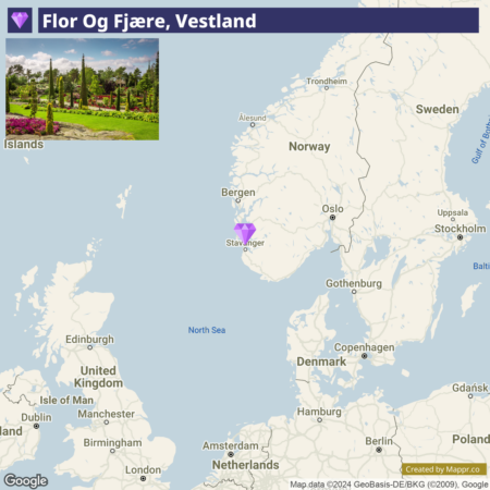 An interactive map showing the location "Flor Og Fjære, Vestland" with a small image of a lush garden in the top left corner, and a map of Scandinavia highlighting Norway with several city markers, including Oslo, Bergen, and Stavanger.