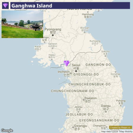 A map highlighting Ganghwa Island near Incheon, South Korea, with a terrain overview of the surrounding regions including North Korea, Seoul, and other South Korean provinces, and an inset photograph of historical structures on green grass in the top left corner.