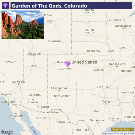 A map showing the location of Garden of the Gods in Colorado, with an inset photo of the red rock formations characteristic of the park. The map includes nearby states and cities, with Denver marked by a purple teardrop-shaped pin.