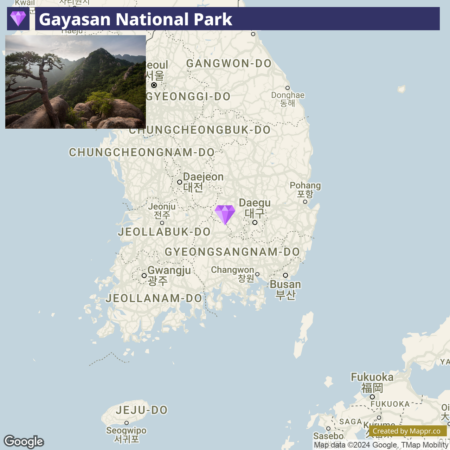 A map of South Korea highlighting Gayasan National Park with a purple diamond-shaped marker, situated in the southeastern region. The map also shows major cities and provinces such as Seoul, Busan, Daegu, and Jeju-do. In the corner, there's a small inset image showing a scenic view of the park with rocky outcrops and pine trees.