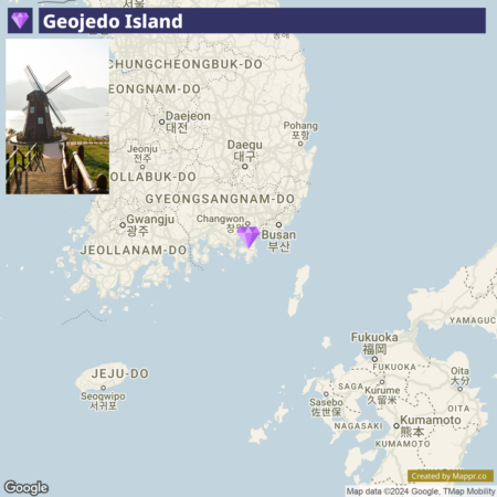 A split image with the left side showing a windmill and a walking path at Geojedo Island, South Korea, and the right side displaying a map of South Korea highlighting the island's location near Busan, marked with a purple pointer. The map also shows surrounding regions and cities, and parts of Japan to the east. The image has a label "Geojedo Island" at the top and Google attribution at the bottom.