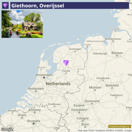 An inset image of a picturesque canal in Giethoorn, Overijssel, with lush greenery and a thatched-roof house, above a map of the Netherlands highlighting the location of Giethoorn.