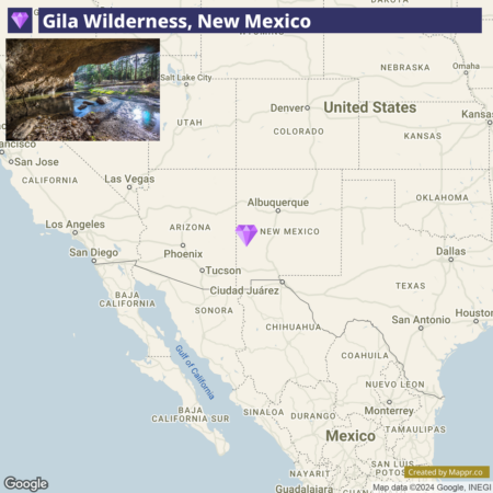 A map highlighting Gila Wilderness in New Mexico with an inset showing a natural scene from the area, featuring a forest and a stream.