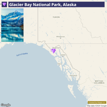 A map showing Glacier Bay National Park, Alaska, with a photo of a glacier and its reflection in water superimposed in the top left corner, and nearby locations like Skagway, Juneau, Sitka, and Ketchikan labeled. The Gulf of Alaska is shown to the south.