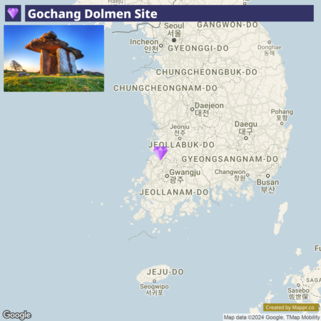 A map of South Korea highlighting the Gochang Dolmen Site with a purple marker in the Jeollabuk-do region, accompanied by an inset photo of ancient stone dolmens against a twilight sky.