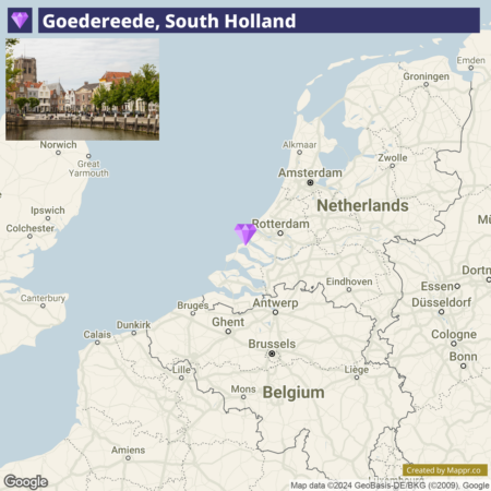 A map marking the location of Goedereede in South Holland, situated in the Netherlands, with surrounding countries and major cities labeled.