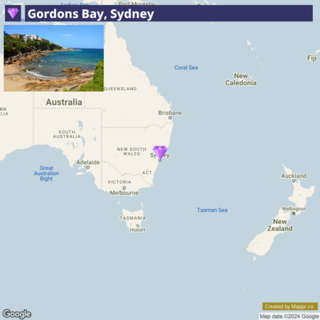 A map highlighting the location of Gordon's Bay in Sydney, with an inset photo of the picturesque bay featuring a rocky beach and tree-lined shore. The map shows Australia and surrounding areas, with Sydney marked on the east coast.