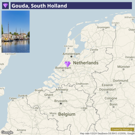 A map highlighting the location of Gouda in South Holland, Netherlands, with an inset photograph showing a scenic view of a harbor area in Gouda.