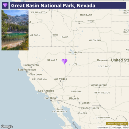 A promotional graphic combining a picturesque photo of Great Basin National Park with a map highlighting its location in Nevada, United States. The map shows surrounding states and major cities with a purple diamond marking the park's position.