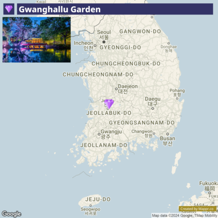 Map of South Korea highlighting the location of Gwanghallu Garden in purple with an inset image in the upper left showing a colorful, illuminated garden next to a body of water at night.