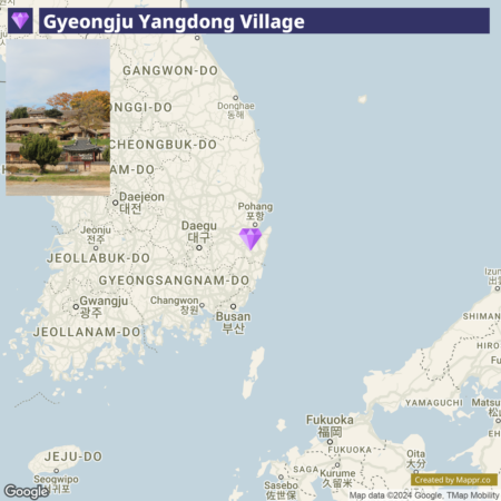 A map of South Korea highlighting Gyeongju Yangdong Village with a purple marker, with provinces like Gangwon-do, Gyeongsangnam-do, and cities such as Busan and Daegu labeled.