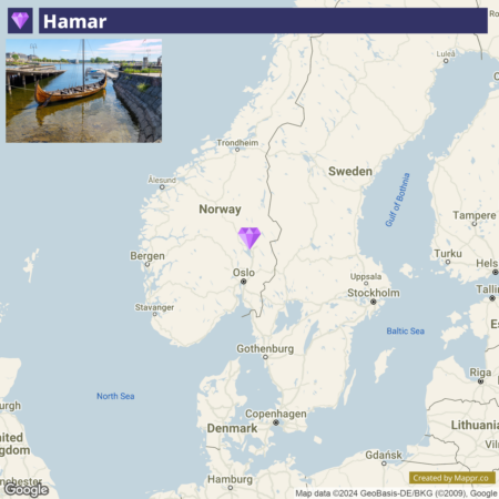 A screenshot showing a Google map of Scandinavia focused on southern Norway with Hamar highlighted by a purple, diamond-shaped marker, paired with a photo inset of a traditional wooden boat docked beside a stone quay under a clear sky.