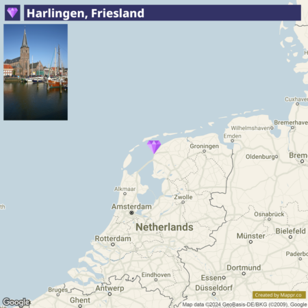 "An informational image featuring a map highlighting Harlingen in Friesland, Netherlands, with a small photo inset showing a scenic view of the town's harbor, historic buildings, and moored boats."