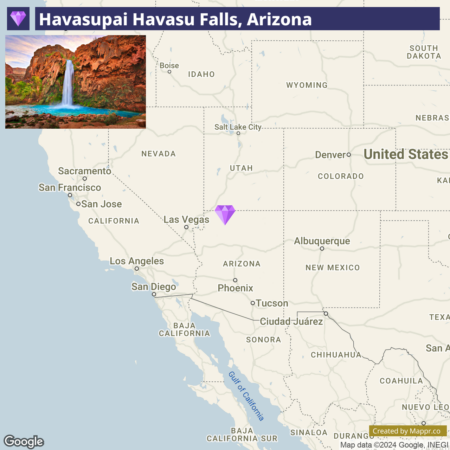 Havasupai Havasu Falls, Arizona map with a highlighted section showing the location of the falls on a simplified map of the southwestern United States, including parts of California, Nevada, Utah, Colorado, New Mexico, and Arizona, with nearby major cities labeled.