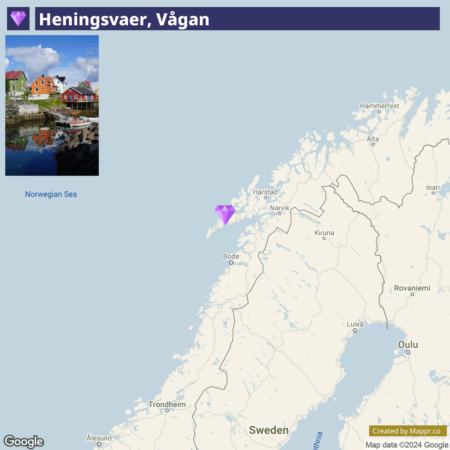 A map of the northern European region with a marker indicating Henningsvaer in Vågan situated near the Norwegian Sea, along with various nearby Scandinavian cities and towns. The upper left corner shows a photograph of Henningsvaer, depicting colorful houses by the waterfront with reflections in the water.