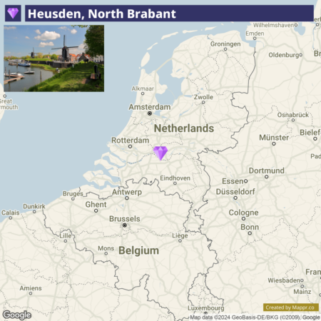 A map highlighting Heusden in North Brabant, Netherlands, with an inset photo of the town showing a windmill, boats, and greenery along a waterway.