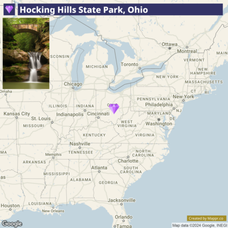 Map highlighting Hocking Hills State Park in Ohio with a marker, inset picture of a waterfall in a forested area, and surrounding states and cities for context.