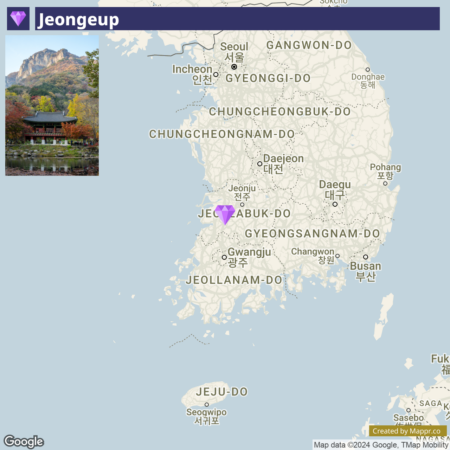 A map showing South Korea with a marker indicating the city of Jeongeup in Jeollabuk-do province, along with a small image in the corner featuring a traditional Korean pavilion amid autumn foliage by a pond.