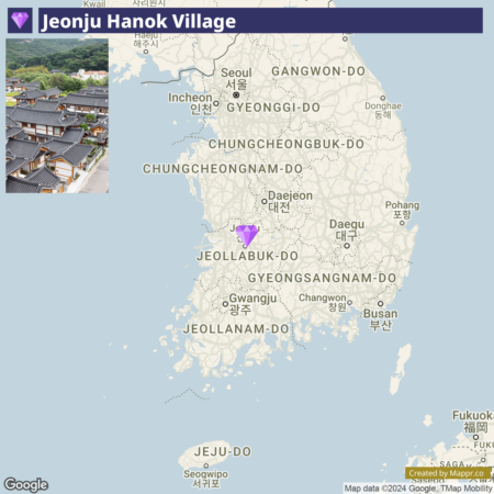 A map of South Korea highlighting Jeonju Hanok Village in the Jeollabuk-do region, with an inset photo of traditional Korean Hanok houses.