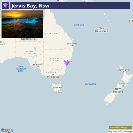 A map highlighting Jervis Bay in New South Wales, Australia, with surrounding geographical labels including states and bodies of water like the Tasman Sea and nearby countries such as New Zealand and New Caledonia.