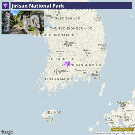 A map highlighting Jirisan National Park in South Korea with a small inset image showing a scenic view of the park.