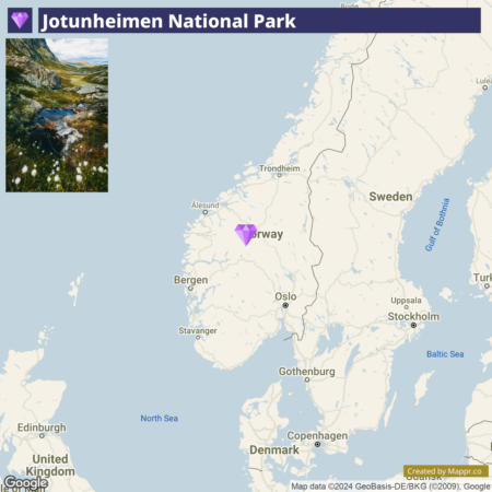 A map of Scandinavia with a marker indicating the location of Jotunheimen National Park in Norway, and an inset image in the upper left corner showing a scenic view of the park's landscape.