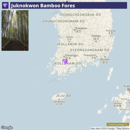 An image split into a two-part layout; the top half shows a pathway through a dense bamboo forest, and the bottom half is a map of South Korea highlighting the Juknokwon Bamboo Forest's location. There is a label "Juknokwon Bamboo Fores" at the top. The map carries Google and TMap Mobility attribution.