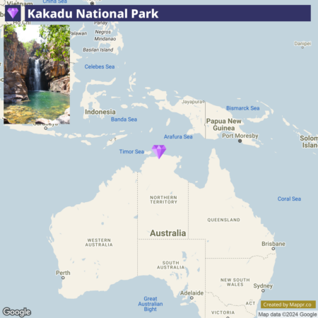 Map showing the location of Kakadu National Park in the Northern Territory of Australia with a photo of a waterfall in the park overlaying the northwest part of the map. Nearby countries and bodies of water are labeled, and a purple diamond marks the park's position.