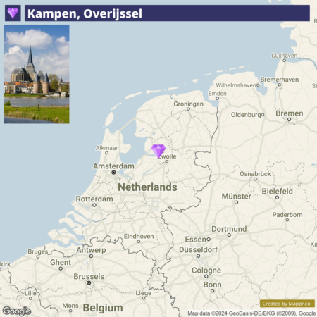 A map showing the location of Kampen, Overijssel in the Netherlands, with a photo insert of a historic building with spires next to a body of water and a label for "Kampen, Overijssel" at the top left corner.