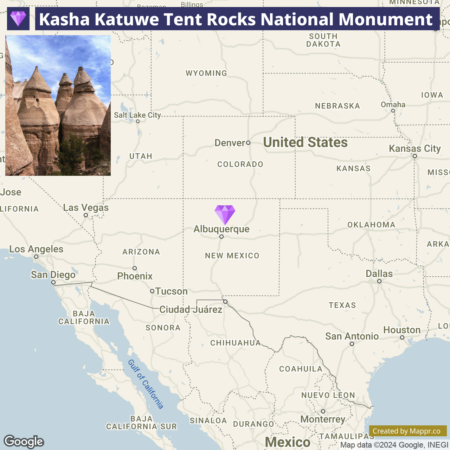 A map highlighting the location of Kasha-Katuwe Tent Rocks National Monument in New Mexico, United States, with an inset image of cone-shaped rock formations typical of the monument.