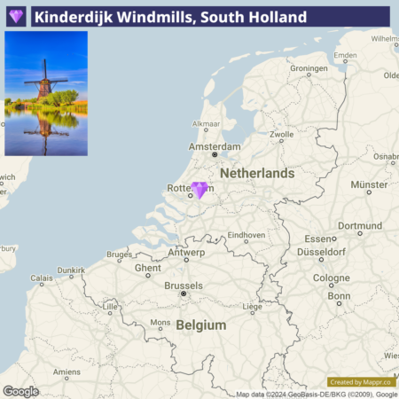 A map showing the Kinderdijk Windmills location in South Holland, Netherlands, with a superimposed image of a windmill reflecting in water at sunset in the upper left corner.