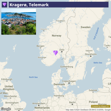 Alt text: A screenshot showing Kragerø, Telemark, with an inset photograph of the coastal town and a map highlighting its location in southern Norway, near Oslo.